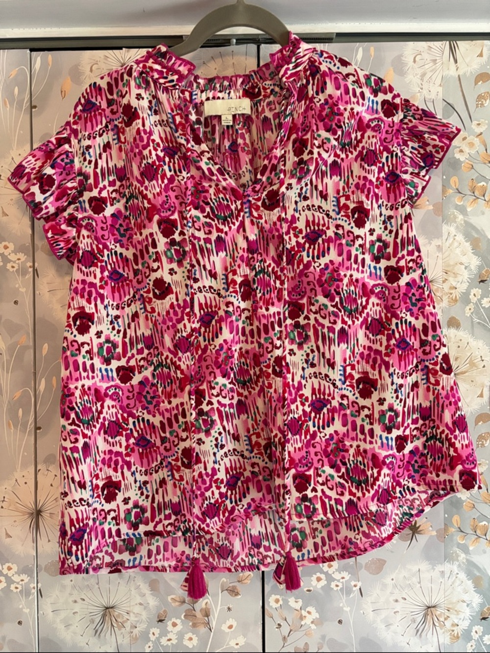 Pinch Bright Pink Printed Ruffle-Sleeve Blouse with Tassel Ties